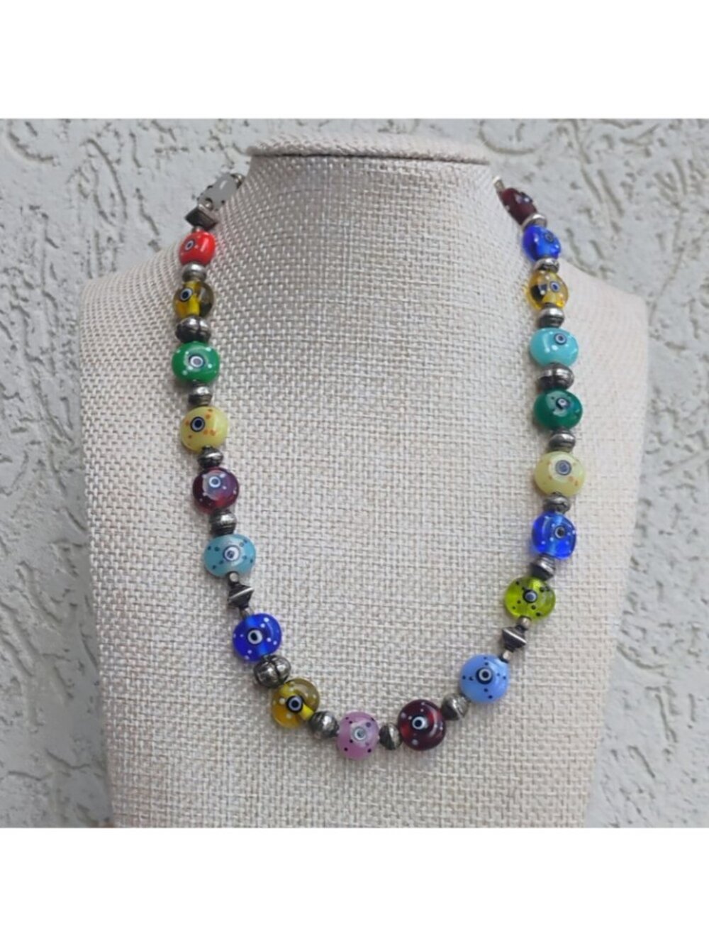 Handmade Italian Murano Glass Millefiori Bead Necklace All Seeing Eye 15" - Picture 2 of 10